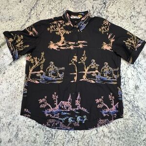 ZARA Toile Print Button Up Shirt Black Art Print Short Sleeve Size Large NWT